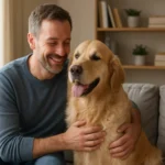 Muž sa usmieva a hladká svojho zlatého retrievera na sedačke.