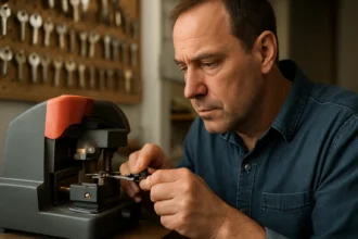 Muž pracuje s moderným strojom na kopírovanie kľúčov.