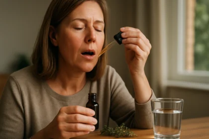 Žena používa tymianové kvapky na podporu zdravia.