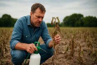 Muž kontrolujúci poškodené rastliny v poli po aplikácii herbicídov.