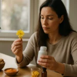 Žena skúma lupeň žltej kvety pri užívaní doplnkov výživy