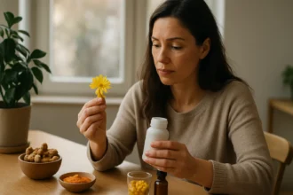 Žena skúma lupeň žltej kvety pri užívaní doplnkov výživy