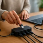 Používateľ pripojuje USB zariadenie k aktívnemu USB hubu