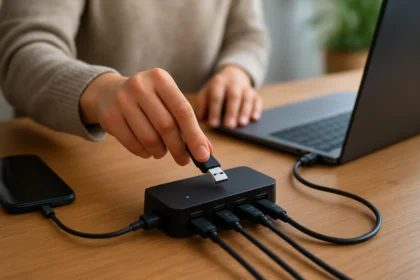 Používateľ pripojuje USB zariadenie k aktívnemu USB hubu