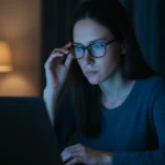 Žena s ochrannými okuliarmi pracuje na laptopu v noci