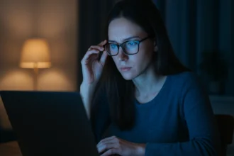 Žena s ochrannými okuliarmi pracuje na laptopu v noci