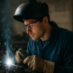 Zvárač s ochranným vybavením a kuklou zváračkou v akcii.