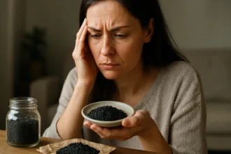 Žena so zmrašteným čelom skúma čierne semienka rasce.