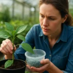 Žena hnoji rastlinu dusíkom v skleníku