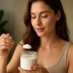 Žena s lyžičkou kolagénu pred jeho použitím pre zdravie a krásu.