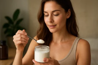 Žena s lyžičkou kolagénu pred jeho použitím pre zdravie a krásu.