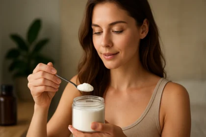 Žena s lyžičkou kolagénu pred jeho použitím pre zdravie a krásu.