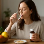 Žena pije vodu a berie doplnok stravy na posilnenie imunity.