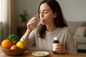 Žena pije vodu a berie doplnok stravy na posilnenie imunity.