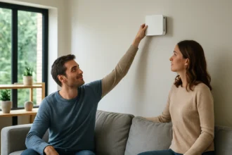 Žena a muž nastavujú Aereco vzduchový vetrák v modernom dome.