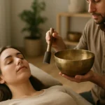 Muž robí zvukovú terapiu s tibetskými misami na relaxáciu ženy.