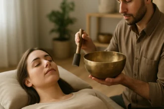 Muž robí zvukovú terapiu s tibetskými misami na relaxáciu ženy.