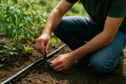 Záhradník nastavuje kvapkové zavlažovanie v záhrade.