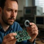 Muž skúma feritové jadro a obvodovú dosku v laboratóriu.