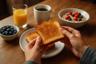 Opečený chlieb s borůvkami a pomerančovým džusem na raňajkovom stole.