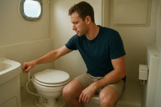 Muž používajúci lodnú toaletu na palube lode