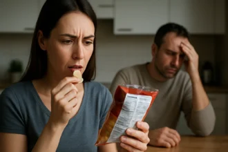 Žena skúma balenie snacku s konzervačnými látkami, muž znepokojený.