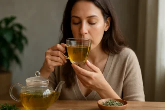 Žena vychutnáva bylinný čaj, ktorý podporuje detoxikáciu pečene.