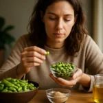 Žena skúma vlčí bôb a zdravé ingrediencie na stole.