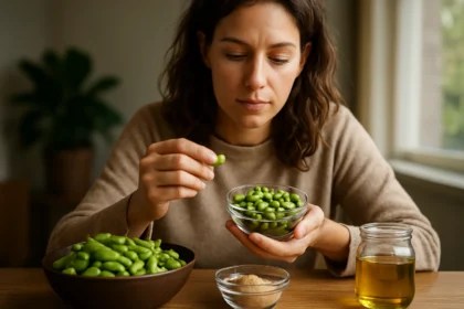 Žena skúma vlčí bôb a zdravé ingrediencie na stole.