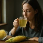 Žena vychutnáva čaj z kukuričných vlasov, vedľa kukurica a vlasy.