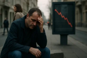 Muž s bolestivým výrazom, pozadie s klesajúcou krivkou graphiu.