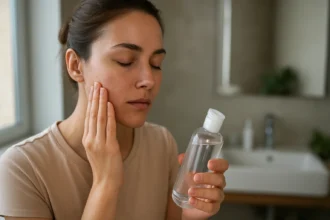 Žena skúma pleť s kozmetickým produktom obsahujúcim alkohol.