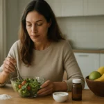 Žena konzumuje šalát a zdravé potraviny na stole