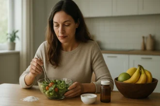 Žena konzumuje šalát a zdravé potraviny na stole
