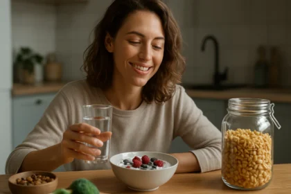 Žena s pohárom vody, vychutnávajúca si zdravé jedlo s ovocím.