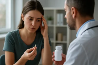 Žena diskutuje s lekárom o účinkoch metakvalónu.