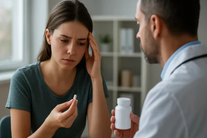 Žena diskutuje s lekárom o účinkoch metakvalónu.