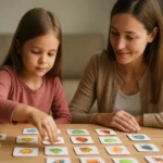 Dieťa a dospelý hrajú pamäťovú hru na rozvoj pamäte