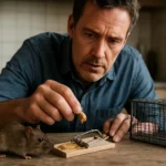 Muž pripravuje pascu na myši s návnadou a pozoruje hlodavca.