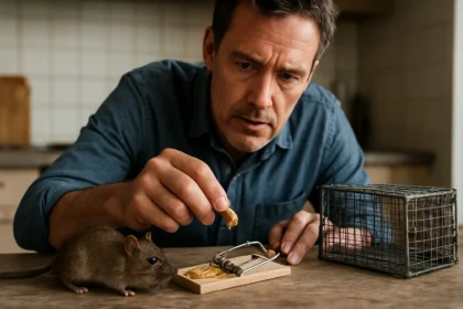 Muž pripravuje pascu na myši s návnadou a pozoruje hlodavca.