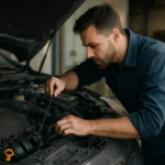 Muž kontroluje úroveň oleja v benzínovom motore auta.