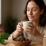 Žena vychutnáva diablov pazúr v šálke na podporu zdravia