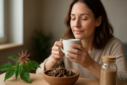 Žena vychutnáva diablov pazúr v šálke na podporu zdravia