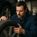 Muži kontrolujúci nízkoprofilovú pneumatiku v servise