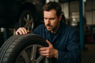 Muži kontrolujúci nízkoprofilovú pneumatiku v servise