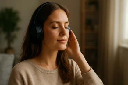 Žena s slúchadlami počúva jemnú hudbu pre duševný pokoj