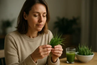 Žena skúma čerstvú trávu a zelený nápoj na stole.