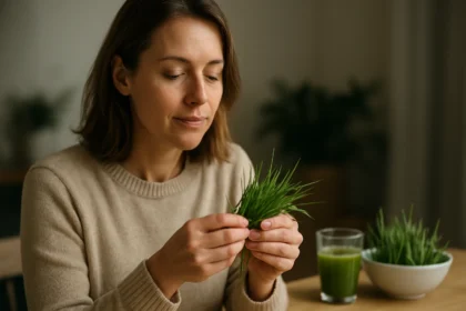 Žena skúma čerstvú trávu a zelený nápoj na stole.