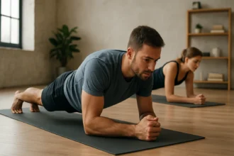 Muži a ženy cvičia plank na podložkách na zlepšenie svalov jadra.