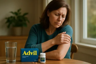 Žena pociťuje bolesť ramena, vedľa je balenie Advilu.